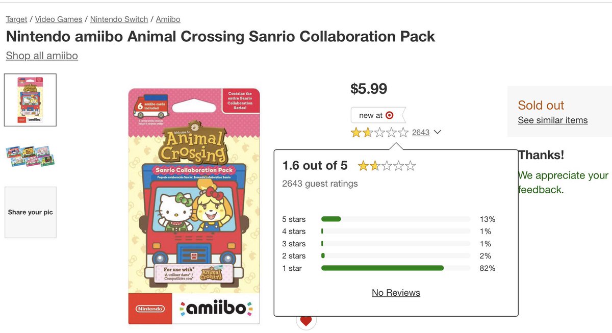 njbeetle's tweet photo. @AskTarget Why is https://t.co/AYL6iwyybH not showing the reviews for #sanrioamiibocards ? Looks like a lot of unhappy customers. How can @Target @NintendoAmerica #Sanrio make this right for the fans? Please look for solutions. Thx. https://t.co/4hhuSJbxxp