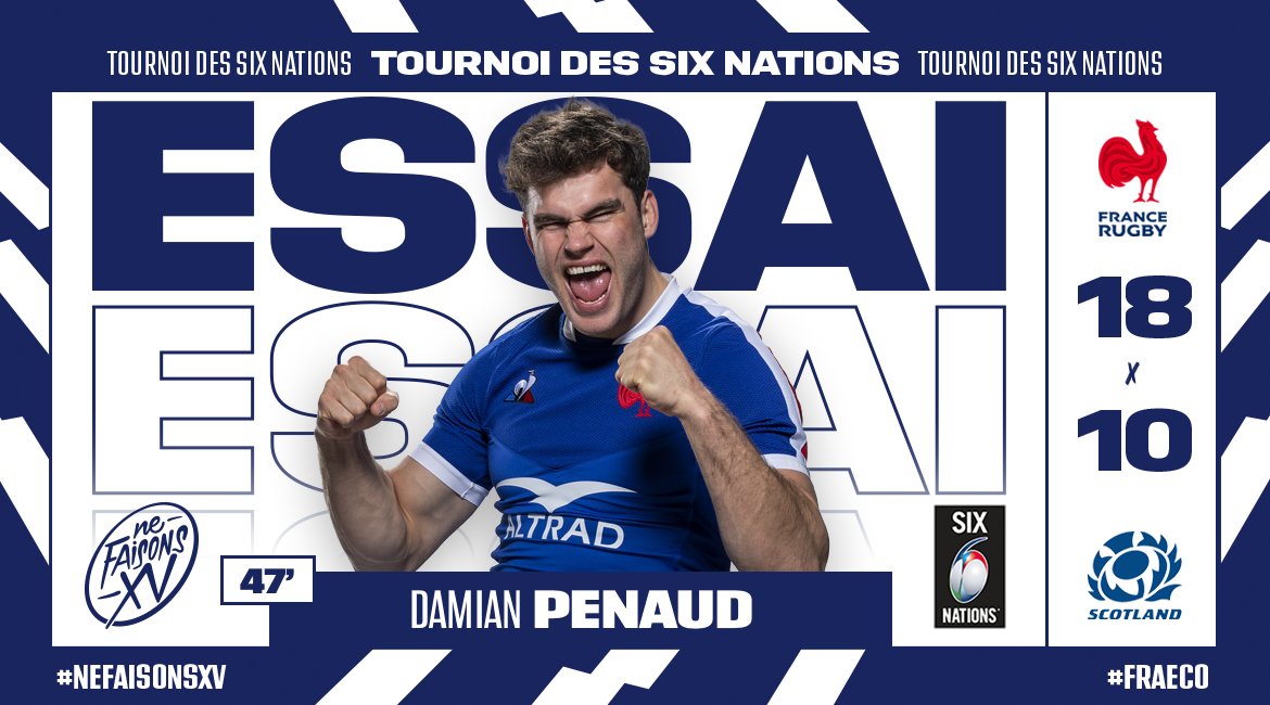 FranceRugby's tweet photo. 🇫🇷🏴󠁧󠁢󠁳󠁣󠁴󠁿 𝐌𝐀𝐈𝐒 𝐎𝐔𝐈𝐈𝐈 ! Quelle passe de @vvakatawa pour l'essai de @PenaudD !!! #FRAECO #XVdeFrance #NeFaisonsXV https://t.co/VGVDrWQaT7