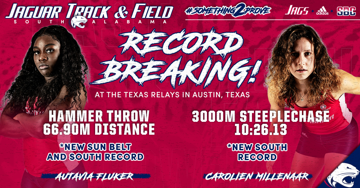 SouthAlabamaTXC's tweet photo. Let's give it up for seniors Tata Fluker and Carolien Millenaar for being the first to bring home two wins at the Texas Relays in their respective events!! https://t.co/G5vz7BeFmG