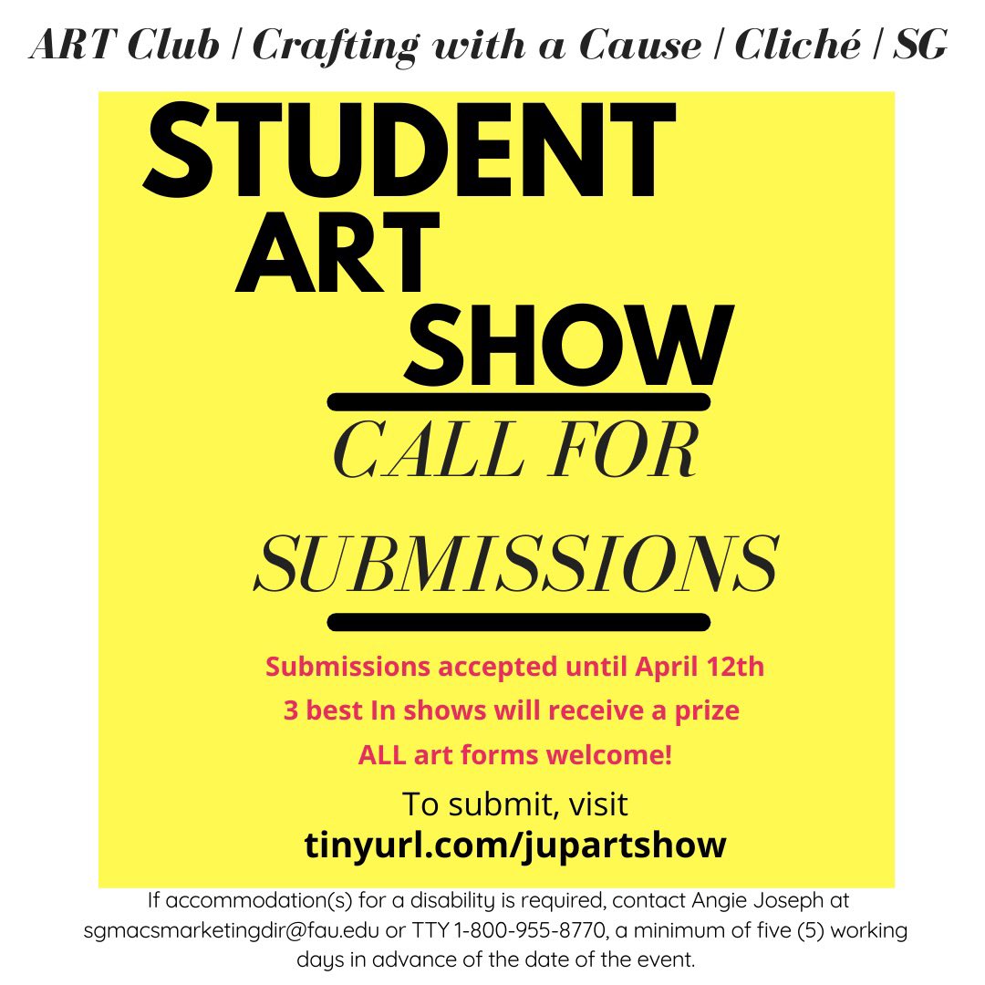 jupfausg's tweet photo. SG is collaborating with Art Club, Crafting with a Cause, and Cliché to put together an art show! This will be a hybrid event on Wednesday, April 14th. Students will be able to vote on their favorite piece of art and the top 3 voted pieces will get a prize! https://t.co/df3DOemPkF