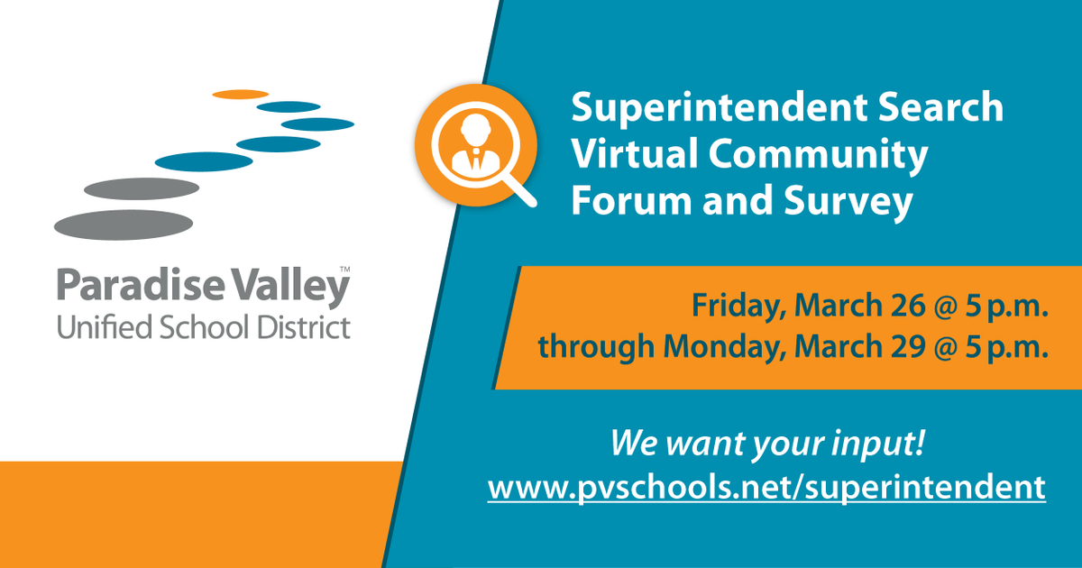 pvschools's tweet photo. The Governing Board has been conducting a search for #PVSchools’ next superintendent, and we want your feedback. Recorded sessions with the finalists are now available until 5 p.m. Monday, March 29. Watch the videos and complete surveys, here: https://t.co/QRnBQUoWOE https://t.co/aqbqlo9Ptu