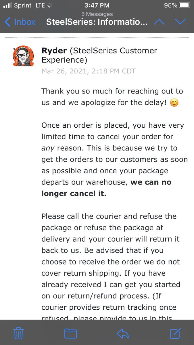 DarrellW_Sports's tweet photo. I don’t normally do this and I apologize to my followers but I had to share my very poor online experience with @SteelSeries 
I ordered March 8th, was told it would arrive on the 19th with tracking emailed. March 17th came with no tracking so I emailed them to request an update. https://t.co/rMWoiAr55a