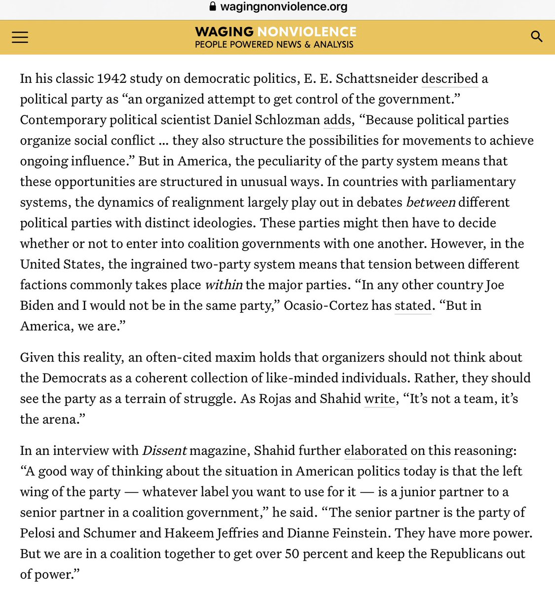miri_iron's tweet image. #ReadingRec from a Neoliberal Bruncher:
@wagingnv piece on #PoliticalRealignment, #DemocraticSocialism &amp;amp; @TheDemocrats
wagingnonviolence.org/2021/03/realig…
Grain of🧂: authors praise JusticeDems &amp;amp; Sunrise Mvt &amp;amp; quote Shaheed🙄
Otherwise, it’s good? Hence, I bet it gets little @DSA engagement