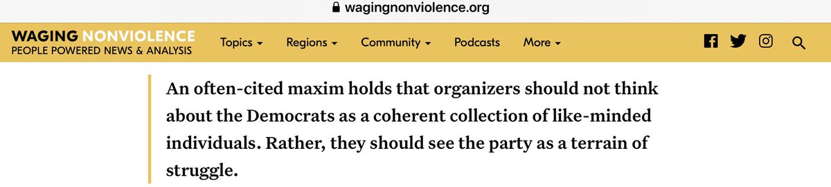 miri_iron's tweet image. #ReadingRec from a Neoliberal Bruncher:
@wagingnv piece on #PoliticalRealignment, #DemocraticSocialism &amp;amp; @TheDemocrats
wagingnonviolence.org/2021/03/realig…
Grain of🧂: authors praise JusticeDems &amp;amp; Sunrise Mvt &amp;amp; quote Shaheed🙄
Otherwise, it’s good? Hence, I bet it gets little @DSA engagement