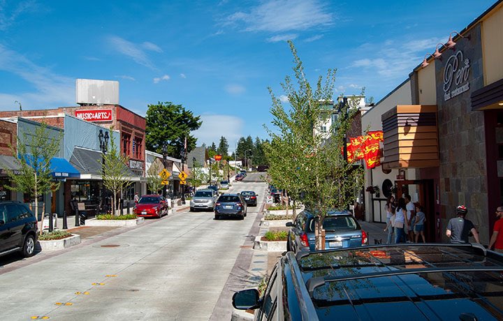 Laurie2072's tweet photo. This is what Main Street in Bothell, WA looks like. It’s a sleepy little town that’s undergone some renovations in the last few years but it is no where close to the population density in the video. https://t.co/PlO1c3la5Y
