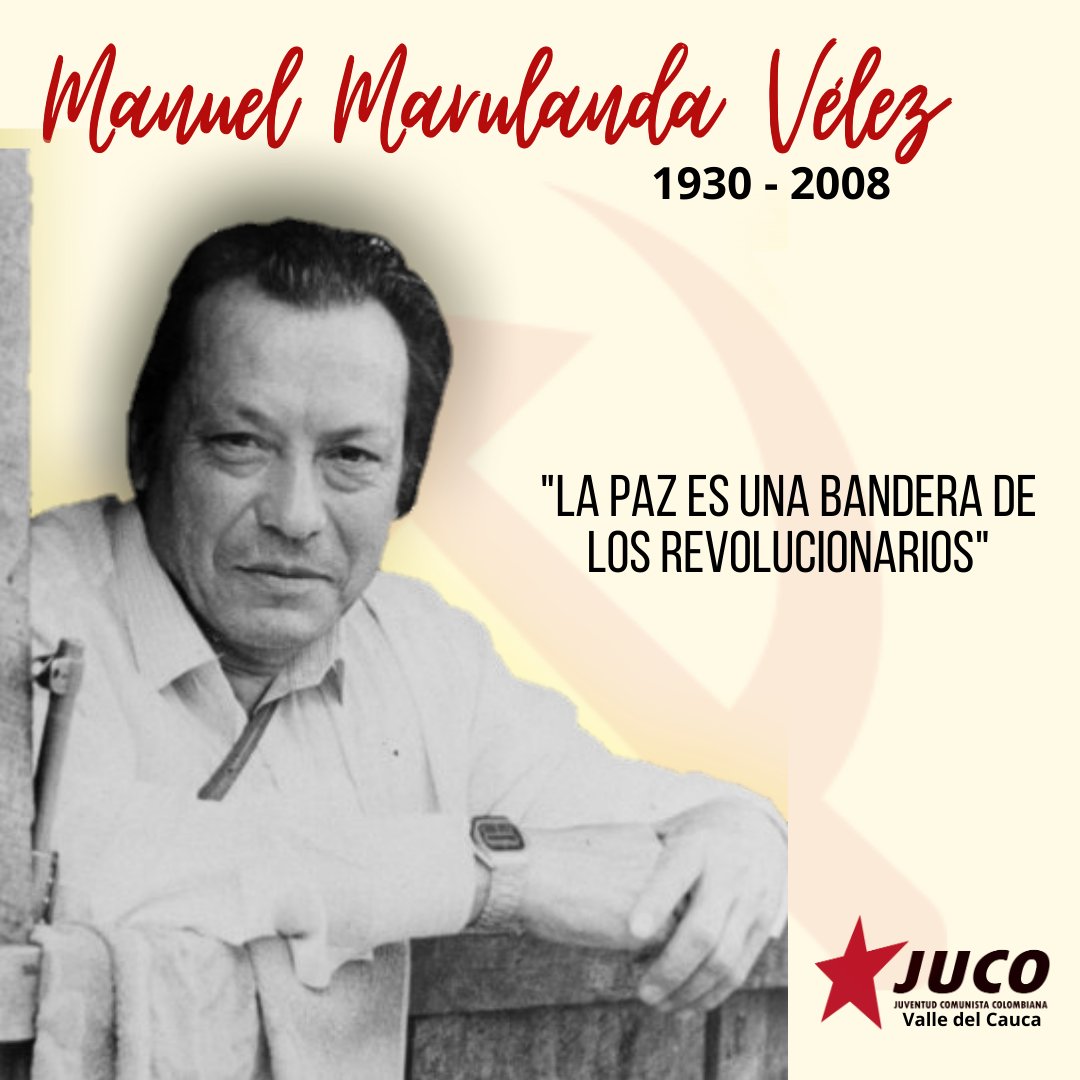 #UnDíaComoHoy, pero de 2008, Manuel Marulanda Vélez, comunista y revolucionario colombiano, partía después de más de 58 años de lucha y organización. Hoy honramos su vida, su memoria y sus apuestas por un país justo y libre.

¡La paz es una bandera de las y los revolucionarios!