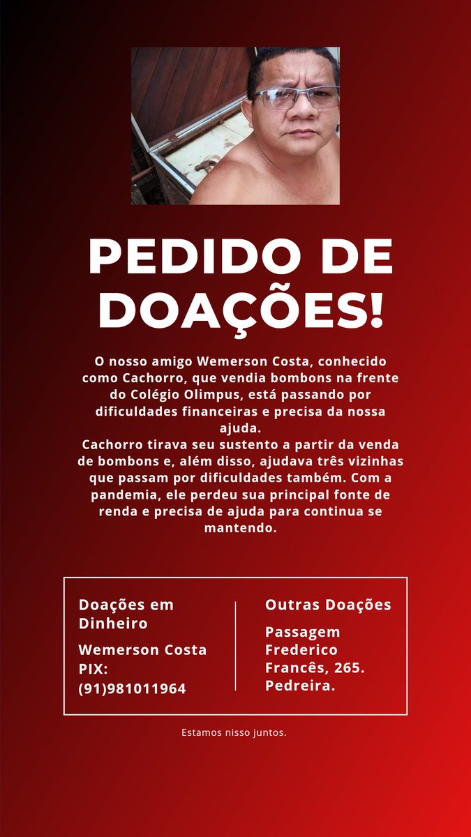 nesclau's tweet photo. ⚠️ PEDIDO DE DOAÇÃO ⚠️

O Cachorro vendia bombons na frente do Colégio Olimpus, e com a chegada da pandemia, ele perdeu sua principal fonte de renda e precisa da nossa ajuda para continuar se mantendo. O pix dele está na imagem e o endereço também, para quem quiser doar alimentos https://t.co/9znaYUhuY7