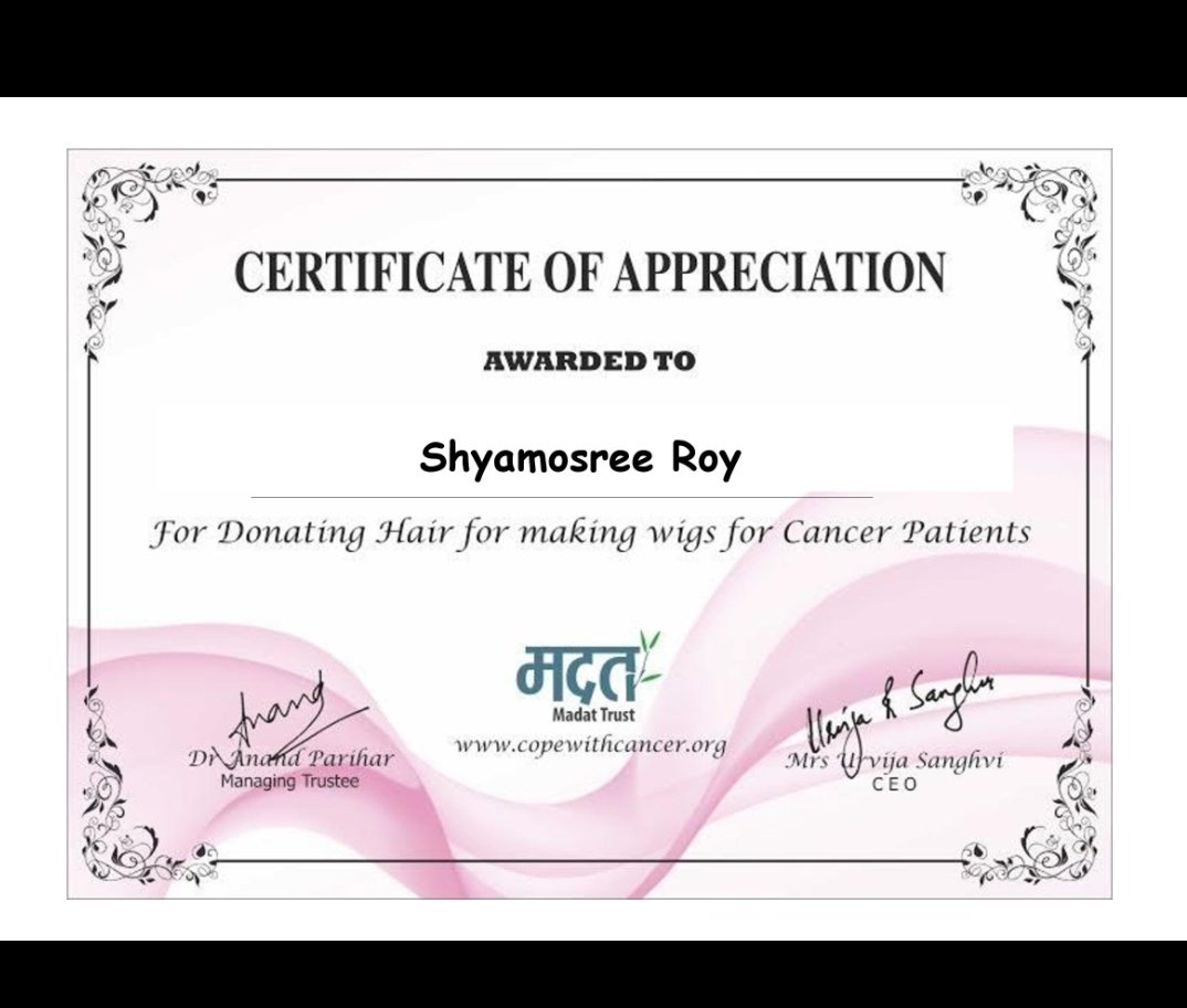 ShyamosreeR's tweet photo. My Hair Donation certificate ๐๐
#CopeWithCancer
#HairDonation https://t.co/EIHvbPyBfX