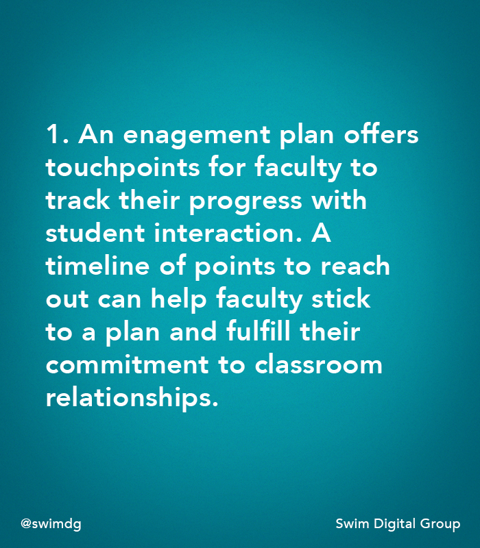 SwimDG's tweet photo. Faculty engagement with students is key to their success in the classroom. Based on our experience, these are the top three benefits that come from developing a faculty engagement plan.  #highereducation https://t.co/MpO0VVMKQM