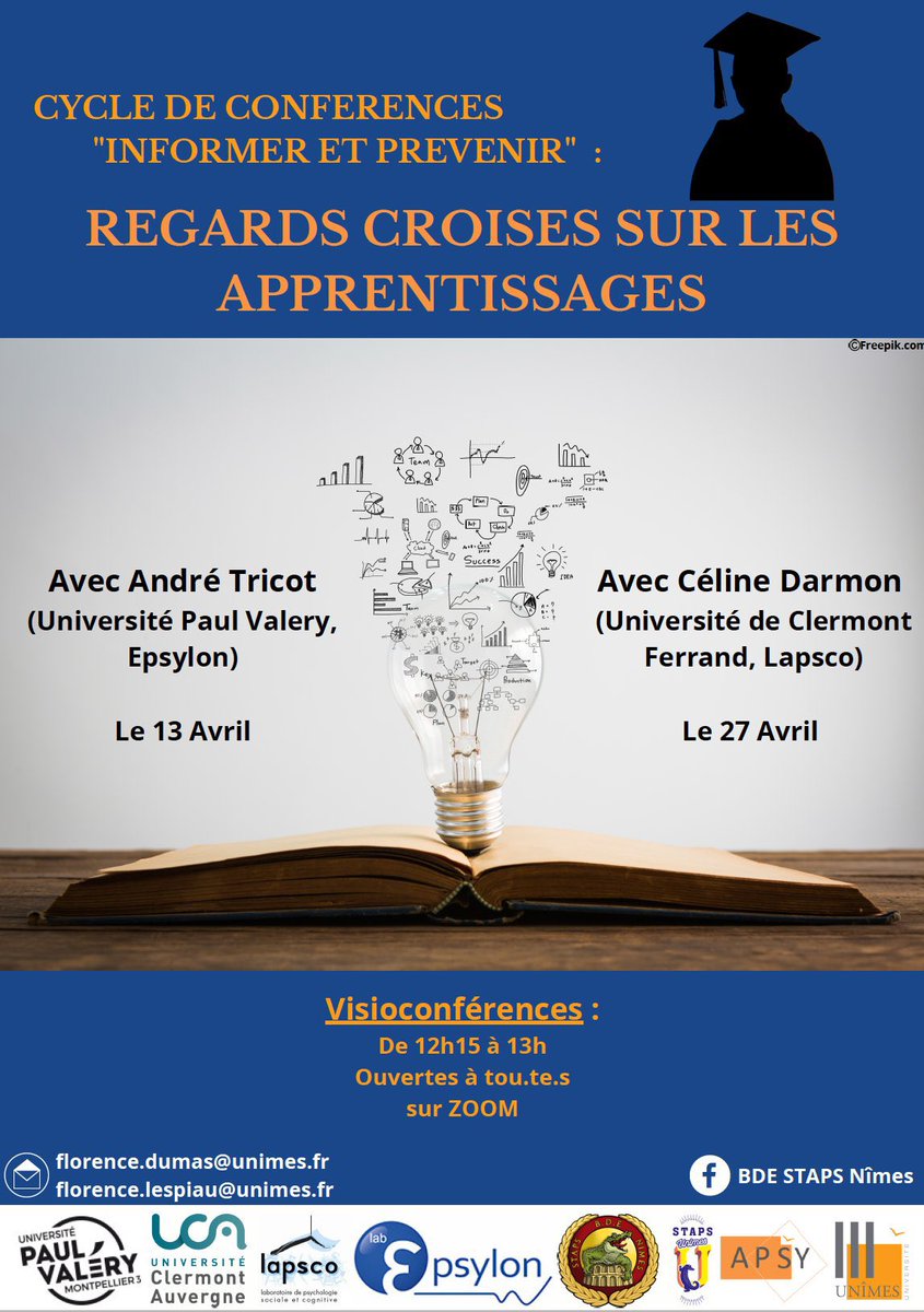 crocostapsiens's tweet photo. A vos agendas ! Le cycle de conférence "Informer et prévenir : Regards croisés sur les apprentissages" - propose deux interventions les 13 et 27 avril sur ZOOM (à distance) - gratuit et ouvert à tous
https://t.co/F8dQaGQlKr?…

@APSY_Lab @unimesfr https://t.co/UzPIP8nkeB