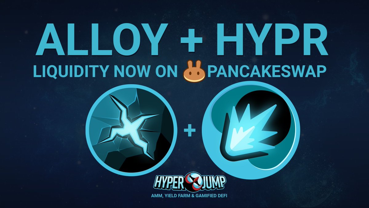 Hyperjump_fi's tweet photo. We have added liquidity for $ALLOY &amp; $HYPR as well as whitelisted $HYPR on @PancakeSwap in order to speed up the token listings for $HYPR + $ALLOY while we wait on @coingecko and @CoinMarketCap to finalize the @hyper_swap listing.

#HyperJump
@BinanceChain #BNB 
@cz_binance https://t.co/4D6xGsNEb7