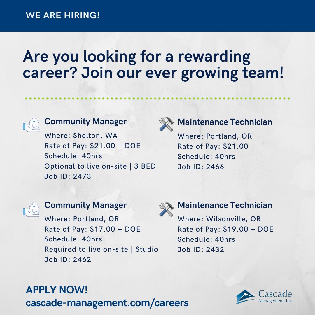 CascadePM's tweet photo. Here the #HotJobs for this week! Could this be the career move you have been waiting for? Apply Now https://t.co/cfbh5svgXa #propertymanagement #maintenance https://t.co/TaoWtw7XE5