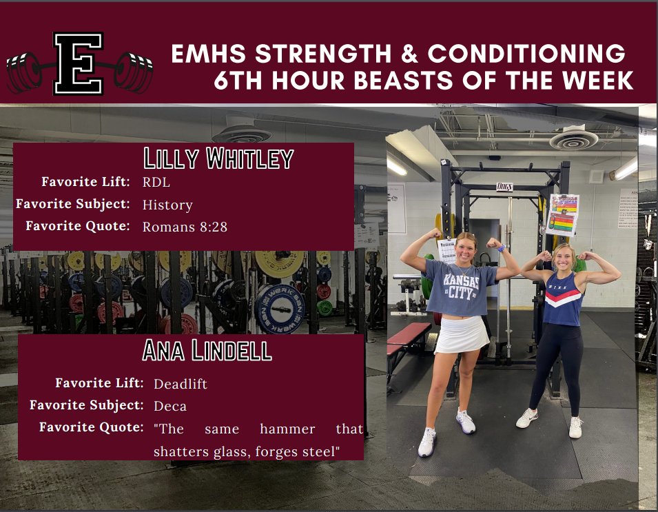 Our 6th Hour "Women's Sports" Beasts of the Week. These two young women crushed there lifts this week and are reaping the benefits of there hard work and determination. <a href="/goemhsathletics/">EMHS Sports</a>