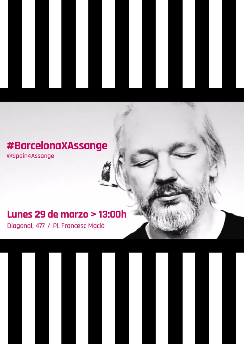 💥 Volvemos.

 📆 Lunes 29 de marzo

⏰ 13.00 h

📍 Av. Diagonal 477 / Pl. Francesc Macià

#WeAreAllAssange
#DropTheCharges
#FreeAssangeNOW

#LibertadAssange
#Spain4Assange
#BarcelonaXAssange