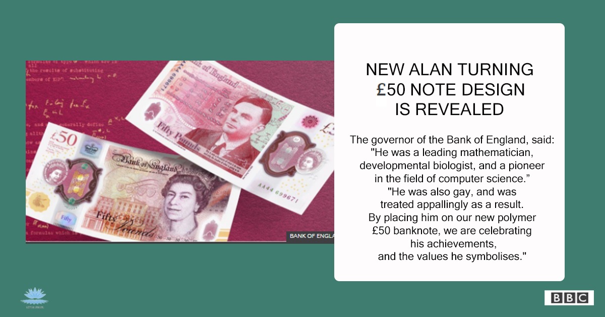 LotusVisualPro's tweet photo. The design of the Bank of England's new £50 note, featuring the computer pioneer and codebreaker Alan Turing, has been revealed.
Read more 👇🏻
https://t.co/DAWBvrNvEY
@BBC
#alanturing #notedesign https://t.co/JeSCfjsRk4