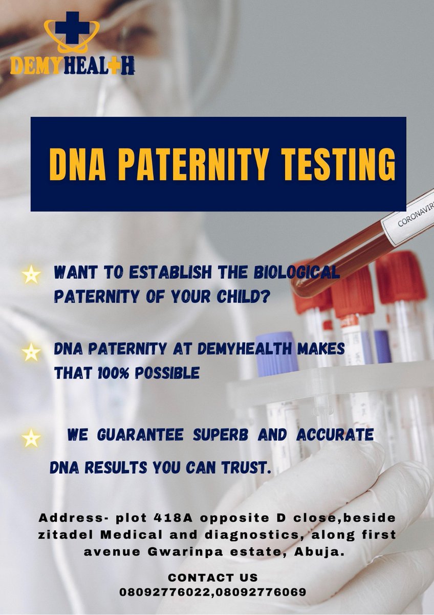 DEMYHEALTH's tweet photo. We offer high-end DNA Paternity testing.
Our Paternity testing is one of the most updated in the world with testing for more than 24 markers.

For Inquiries call our technical inquiry line: 08092776065/08092776069 or email care@demyhealth.com

#dna #Demyhealth #dnapaternity https://t.co/NVcXpZkiBO