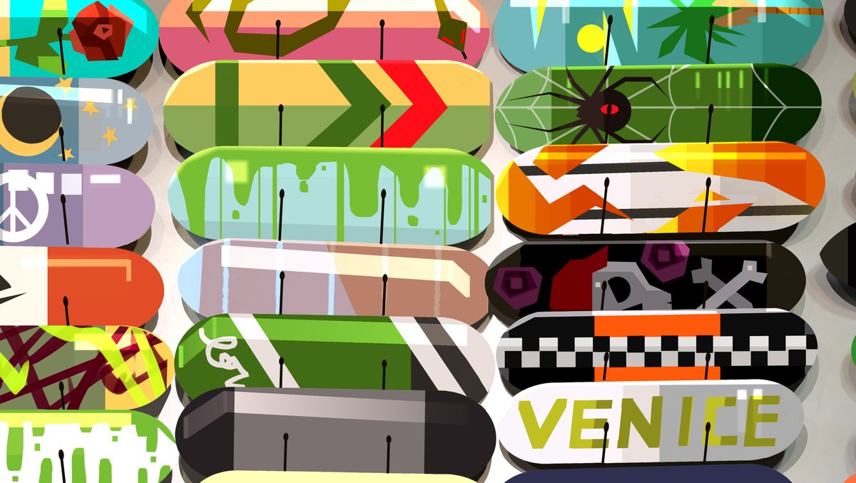 monicajgrue's tweet image. I could probably dedicate a whole post to just the interior of the skate shop from Episode 2 "Venice" of #CityOfGhosts! I had so much fun designing the decks and all the decals around the shop 🛹@chromosphereLA