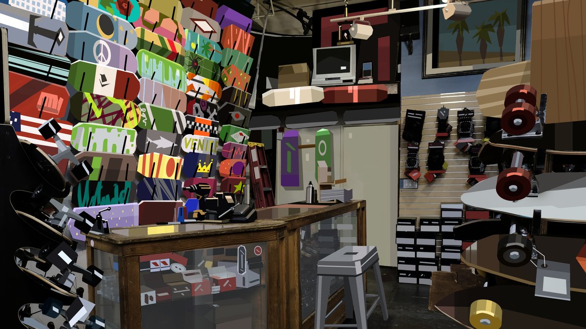 monicajgrue's tweet image. I could probably dedicate a whole post to just the interior of the skate shop from Episode 2 "Venice" of #CityOfGhosts! I had so much fun designing the decks and all the decals around the shop 🛹@chromosphereLA