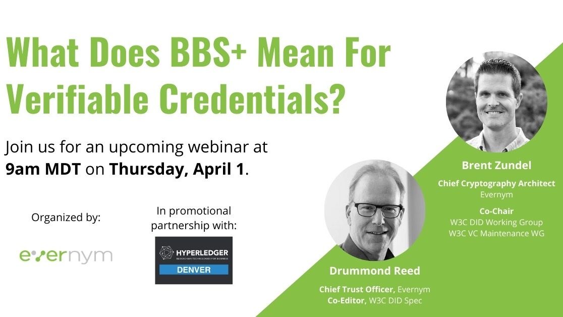 On Thurs, Apr 1 @ 9AM MDT Hyperledger Denver hosts a virtual meetup with <a href="/drummondreed/">Drummond Reed</a> &amp; Brent Zundel from <a href="/evernym/">Evernym</a> who will lead a discussion about what does BBS+ mean for verifiable credentials. All are welcome to join and ask questions.

meetup.com/Hyperledger-De…