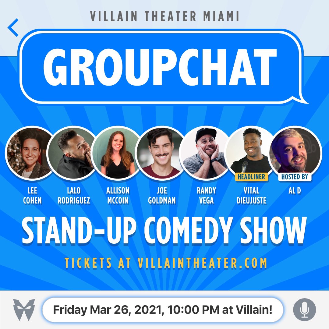Villaintheater's tweet photo. TONIGHT! Venus Night + GROUPCHAT  comedy shows! 

Tickets still available: 

https://t.co/sgX6eeUAYX 

#comedy #miami #miamicomedy #miamistandup #standupmiami https://t.co/8EhxWPnVvJ