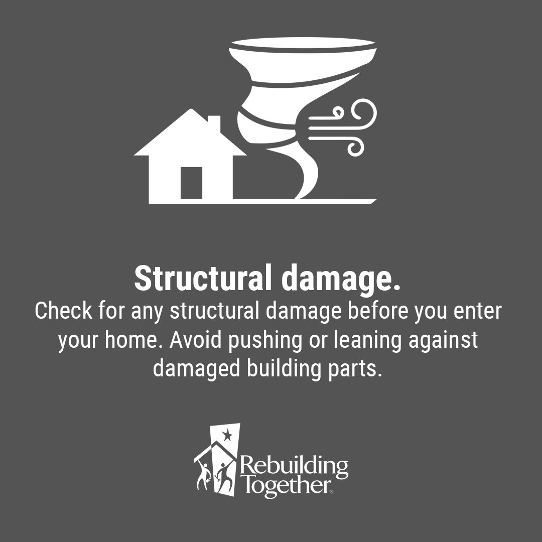 RebldgTogthr's tweet photo. If your home was damaged by one of the recent tornados, please proceed with caution and avoid pushing against damaged building parts. #ReadyRebuildRecover #tornado #disasterrecovery https://t.co/m9i0F0Eeel