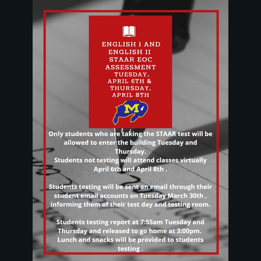 Milby_HS's tweet photo. Important! English 1 and English II STAAR EOC assessment April 6th and April 8th https://t.co/vHigchKXHf