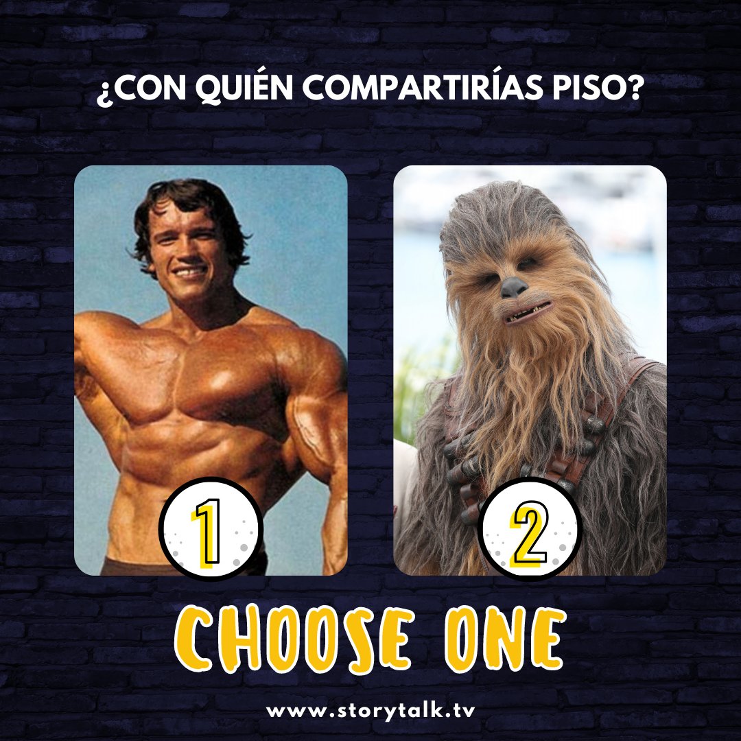 StoryTalk_tv's tweet photo. 🏠 ¿Qué eliges tener pelos kilométricos en la ducha o un compañero que te puede fulminar con la mirada?

🤔 Por eso mismo te damos a elegir, con sus pros y sus contras ¿Con quién preferirías convivir con Arnold Schwarzenegger o con Chewbacca? 

Sigue: #Storytalk https://t.co/2J4YXvga8U