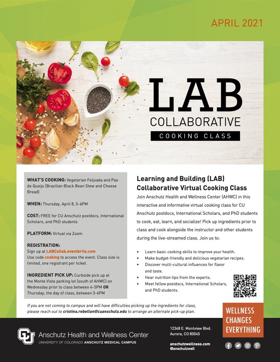 denverpostdocs's tweet image. #postdocs want to explore cuisines from around the World... Here's your chance! Consider signing-up for the Lab Collaborative virtual #cookingclass with @AnschutzWell
#FridayFitness #wellness #HealthyFood