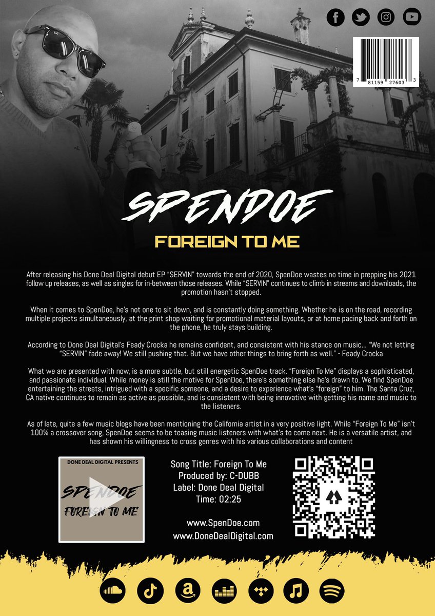 SpenDoeMusic's tweet photo. SpenDoe - Foreign To Me.
Release Date: 04/09/2021
Produced by: C-DUBB
#SpenDoe #ForeignToMe
#DoneDealDigital
#Single #NewRelease
https://t.co/YoQsPjaP9l
https://t.co/s377FDS1YU
https://t.co/eqvc4rytAi https://t.co/Y55dMfRT4k