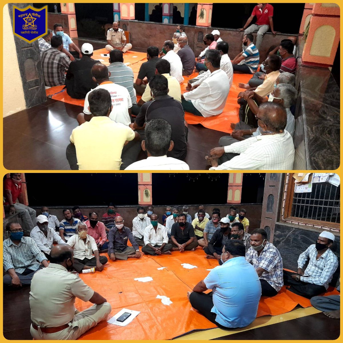 RatnagiriPolice's tweet photo. शिंमगोत्सव निमित्त सावर्डे येथील विविध गावातील पालखी मानकरी, ग्रामस्थ, पोलीस पाटील व ग्रामकृती दल सदस्यांना Corona प्रतिबंधक उपाययोजने बाबत पोलीस निरीक्षक धुमाळ यांनी मार्गदर्शन केले. @DGPMaharashtra #Covid19 #StaySafe #SafeShimga #Sawarde #Ratnagiri #RatnagiriPolice https://t.co/v6RMu9cXtS