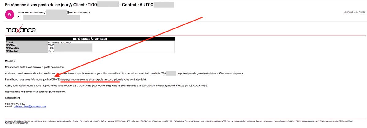 JeromeVigliano's tweet photo. @ASSU2000 #Maxance refuse toujours d'aller régler le problème avec SON #courtier mais m'informe tout de même que la société n'a RIEN PERCU des 292€ (deux cent quatre vingt 12) versés à #LS Courtage (04 11 81 98 55).
Ci-joint les captures d'écran. @AssurancePrev @pierrejovanovic https://t.co/gIcNh9z99W