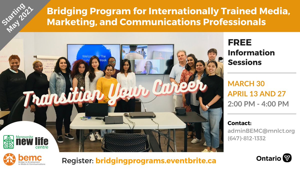 bridgingBEMC's tweet photo. You can still register for our next Info Session on March 30, 2-4pm! Get all the details on this program that will help transition your career in Ontario. (Delivered in partnership with @RyersonU.)
Register https://t.co/mmRxs7xP28 For more info: 647-812-1332, adminbemc@mnlct.org https://t.co/uSq4UyNYQx