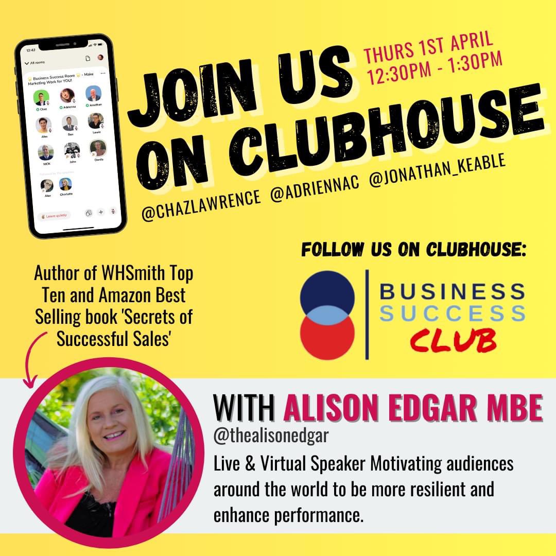adriennac_'s tweet photo. EXCITING NEWS 👀 Join us on #Clubhouse for a live Q&amp;A with the one and only @thealisonedgar ⭐

When: Thursday 1st April
Time: 12:30 PM - 1:30 PM 
Hosts: @chazlawrence, @Jonathan_Keable &amp; @adriennac_
👉 JOIN US: https://t.co/zoDcE3IyCN

#Event #alisonedgar #business #success https://t.co/uryqja8E3z
