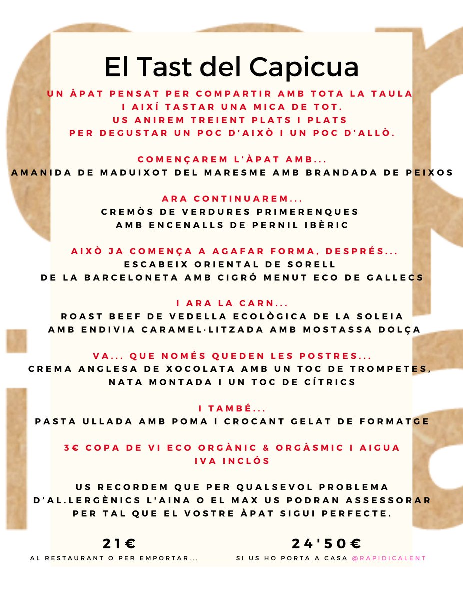 cuinetescapicua's tweet photo. #ElTastDelCapicua 21€ #Degustar #Compartir #Degustació #SlowFood #Km0 #Eco 935809635 #barberadelvalles #montcada #Sabadell 
Per emportar o a casa vostra amb @rapidicalent! #santcugat #bellaterra #ripollet #Cerdanyola 

https://t.co/6J3YOX5eFs https://t.co/9mZAKnXC6R