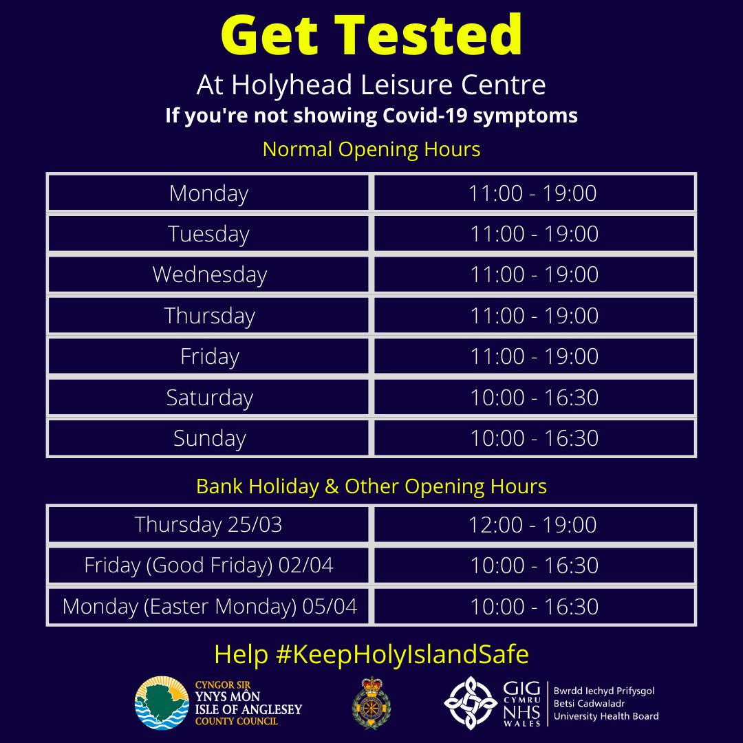 angleseycouncil's tweet photo. Holy Island residents and workers – It’s important that you get tested to help #KeepHolyIslandSafe

If you are not displaying symptoms – please visit Holyhead Leisure Centre for a rapid Covid-19 test. 

@Y_U_Caergybi @ysgolkingsland @SantesFair @BetsiCadwaladr @PublicHealthW https://t.co/Ir8JjjpsQi