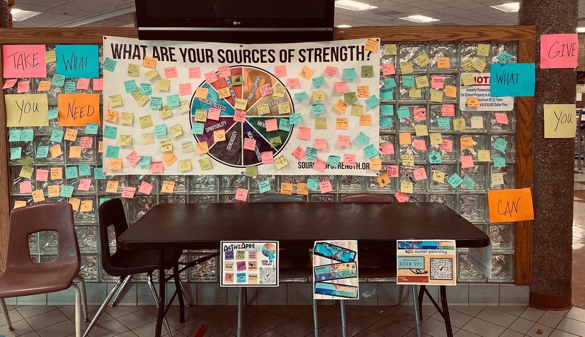 LCHSSources's tweet photo. Our Sources of Strength peer leaders are promoting mindfulness this month, with a focus on self-care &amp; community. Check out this awesome Give &amp; Take Message display...shout out to LC students for stepping up to answer the call! #HawkStrong #internationalselday #communitymindful https://t.co/vEj8QHrbOm