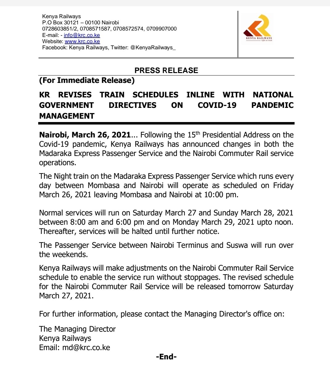 OleItumbi's tweet photo. 3. @SGRKenya issues statement saying operations are on until Monday,12PM. The President's order not withstanding. In other words, listen to us, we are the ones running the Railway. Ignore the President and @StateHouseKenya https://t.co/veiFSol6O9