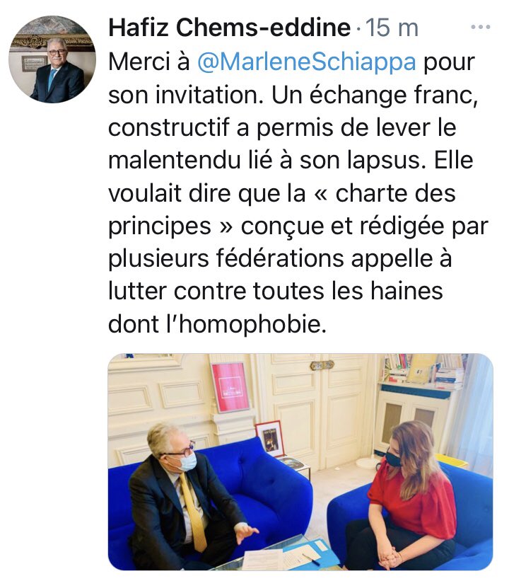 France_Maghreb2's tweet photo. #Islam : initiative d’apaisement 
le recteur de la @mosqueedeparis, maître @chemshafiz invité par la ministre @MarleneSchiappa en tête  a tête pour lever les malentendus créés par ses propos  qui ont provoqué colère et indignations ... la teneur des échanges tient en 2 tweets 👇 https://t.co/L2czTeHR5E