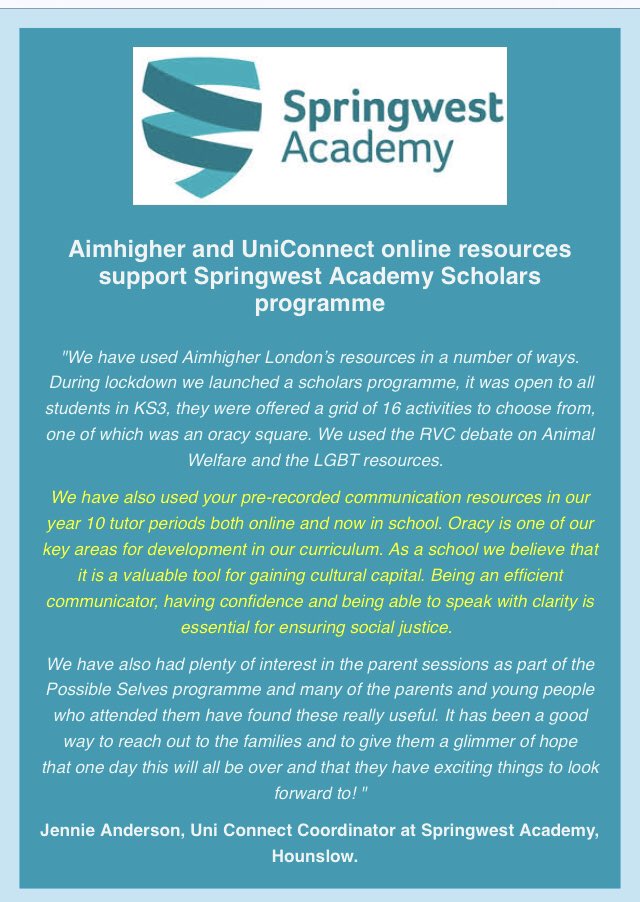 SWAspire's tweet photo. Good to see #springwestscholars getting a mention in the @AimHigherLSouth newsletter for the work during lockdown @SWAspire https://t.co/ufHJIPtcD2