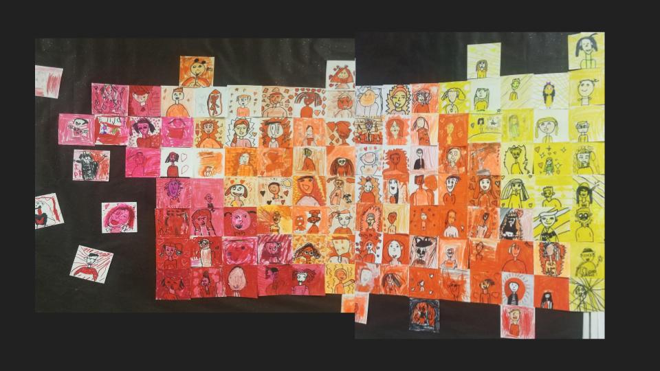 KeeneyvilleD20's tweet photo. Today we show how Art Connects Greenbrook Students!  Every student created a self-portrait with a grade-level color.  The incredible portraits are combined into a school-wide mural to welcome the students when they return to the building!   #esd20creates #esd20learns https://t.co/m6KXg0Rogr