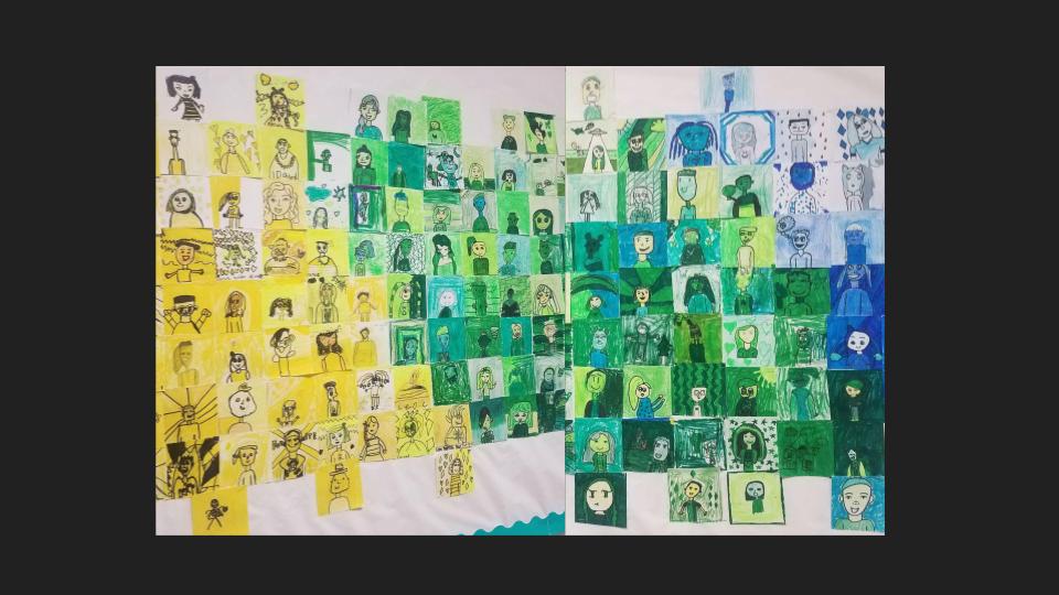 KeeneyvilleD20's tweet photo. Today we show how Art Connects Greenbrook Students!  Every student created a self-portrait with a grade-level color.  The incredible portraits are combined into a school-wide mural to welcome the students when they return to the building!   #esd20creates #esd20learns https://t.co/m6KXg0Rogr