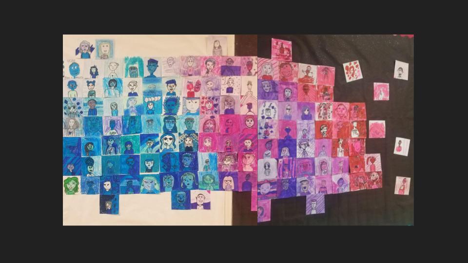 KeeneyvilleD20's tweet photo. Today we show how Art Connects Greenbrook Students!  Every student created a self-portrait with a grade-level color.  The incredible portraits are combined into a school-wide mural to welcome the students when they return to the building!   #esd20creates #esd20learns https://t.co/m6KXg0Rogr
