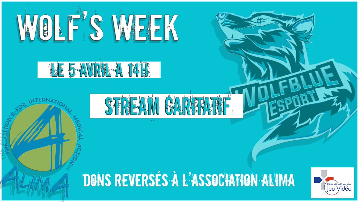 Wolfblue Esport (@esportwolfblue) on Twitter photo Après des long jours de préparations, nous vous annonçons officiellement le début de l'événement caritatif : Wolf's Week !
Une semaine de live entière où tout les dons seront reversé à l'ONG <a href="/ALIMAong/">ALIMA (FR)</a> avec la <a href="/ffjv_officiel/">FFJV : Fédération Française de Jeu Vidéo</a> comme parrain !
plus d'infos prochainement !
#WFBWeeks Après des long jours de préparations, nous vous annonçons officiellement le début de l'événement caritatif : Wolf's Week !
Une semaine de live entière où tout les dons seront reversé à l'ONG <a href="/ALIMAong/">ALIMA (FR)</a> avec la <a href="/ffjv_officiel/">FFJV : Fédération Française de Jeu Vidéo</a> comme parrain !
plus d'infos prochainement !
#WFBWeeks