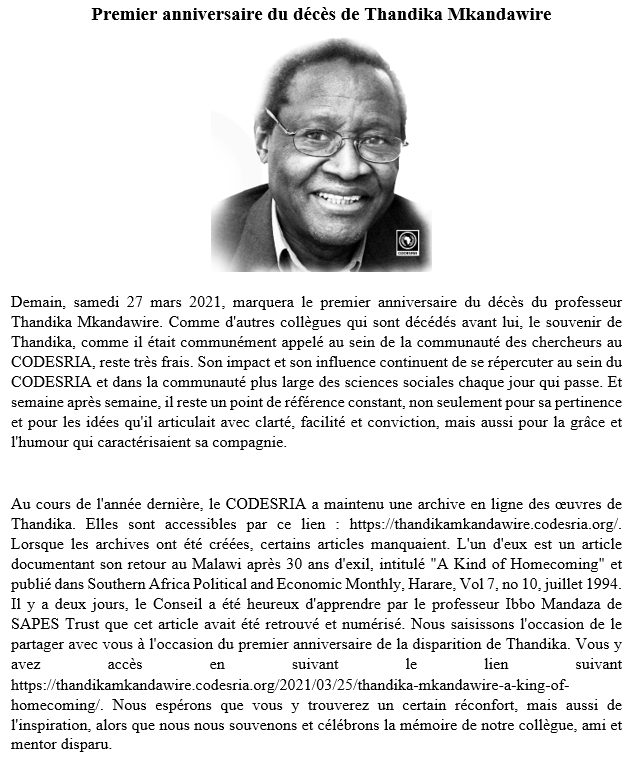Codesria Premier Anniversaire Du Deces De Thandika Mkandawire Veuillez Trouver Ci Dessous Le Lien Vers Le Portail De Thandika T Co Nuusithhkx Et Ici Le Lien Vers L Article Auquel La Declaration Fait Reference