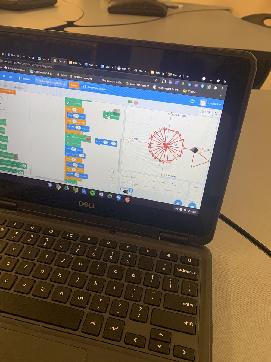 MissPhillipsJDH's tweet image. Back to coding our geometry lesson again today in @JDHodgsonES LS! Today is rotations. After putting lots of thought into the turns and angles we are starting to rotate our triangles around a single point @tldsbmath #TLDSBCodes