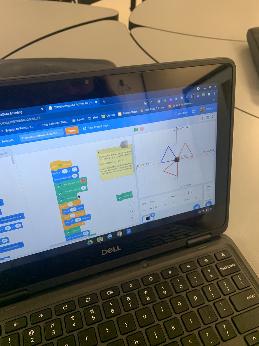 MissPhillipsJDH's tweet image. Back to coding our geometry lesson again today in @JDHodgsonES LS! Today is rotations. After putting lots of thought into the turns and angles we are starting to rotate our triangles around a single point @tldsbmath #TLDSBCodes
