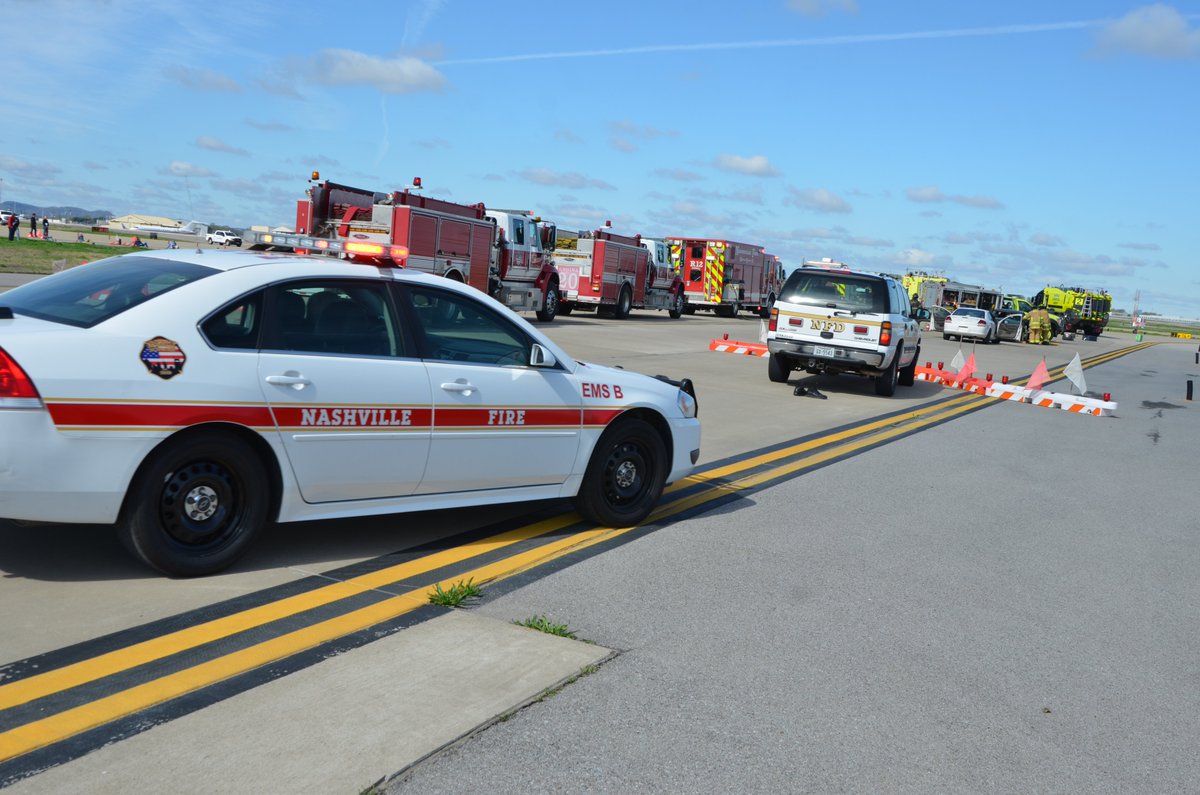 Fly_Nashville's tweet photo. REMINDER: If you heard loud noises at BNA® or saw smoke, fire or emergency vehicles on the airfield this morning, don't worry. It was *just a drill*! It's all part of our FAA-required full-scale emergency drill that we conduct every three years. #PreparednessIsKey https://t.co/okTyJCbQcX