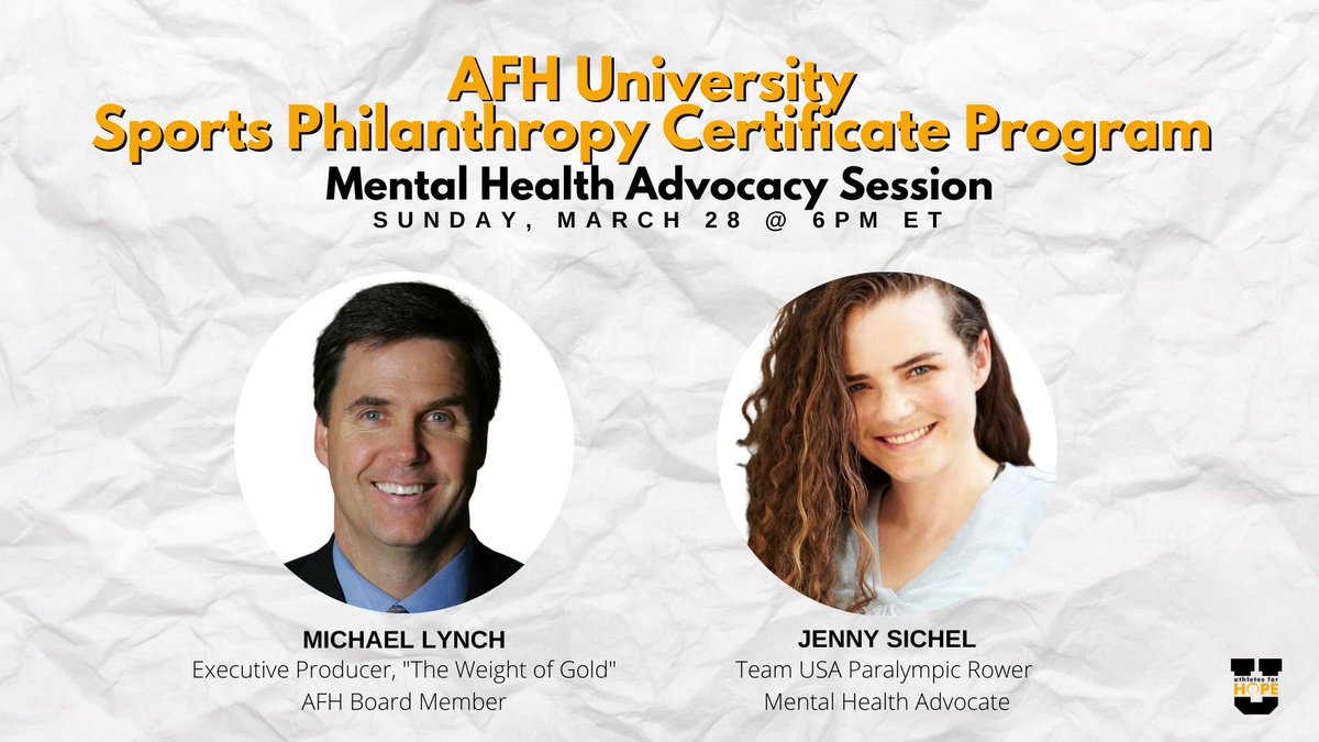 AthletesForHope's tweet photo. We are thrilled to extend an invitation to this Sunday's AFH U #SportsPhilanthropy session to all who are able to join! Featuring @moharalynch and @jsichrockin , we will spend our final March session covering #mentalhealth advocacy.

Register → https://t.co/VzfOOdiYs5 https://t.co/vvPFkf0Jx7
