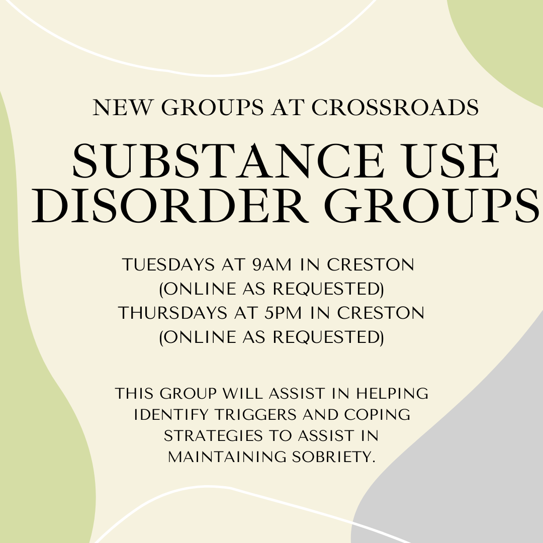 CrossroadsBHS's tweet photo. New groups at Crossroads! Our Substance Use Disorder Groups are on Tuesdays at 9AM in Creston and Thursdays at 5PM in Creston.  These are also available online as requested. Give us a call at 641-782-8457 if you would personally like more information regarding this group! https://t.co/YGDlADh1vU