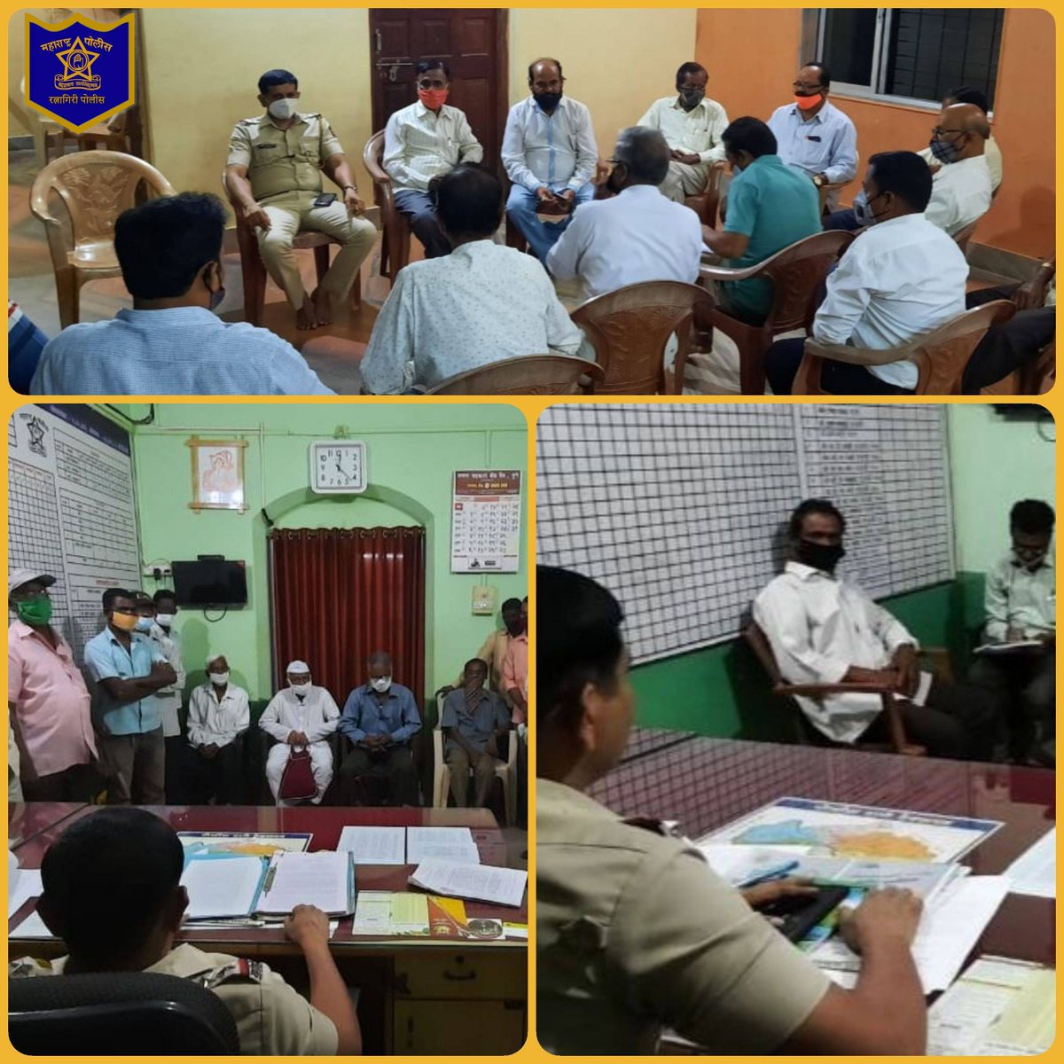 RatnagiriPolice's tweet photo. शिंमगोत्सव निमित्त देवरुख येथील विविध गावातील पालखी मानकरी, ग्रामस्थ, पोलीस पाटील व ग्रामकृती दल सदस्यांना Corona प्रतिबंधक उपाययोजने बाबत पोलीस निरीक्षक जगताप यांनी मार्गदर्शन केले. @DGPMaharashtra #Covid19 #StaySafe #SafeShimga #Devrukh #Ratnagiri #RatnagiriPolice https://t.co/nnLMqGNEQc